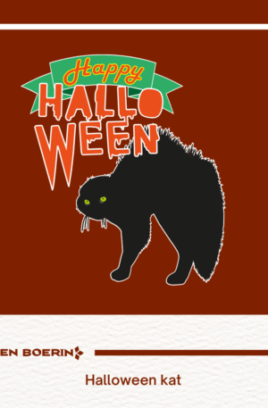 Zwarte kat met hoge rug onder een banner met de tekst Happy Halloween