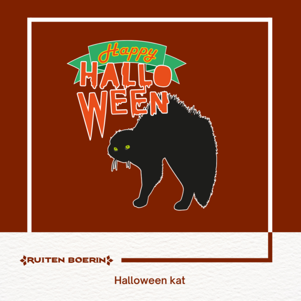 Zwarte kat met hoge rug onder een banner met de tekst Happy Halloween